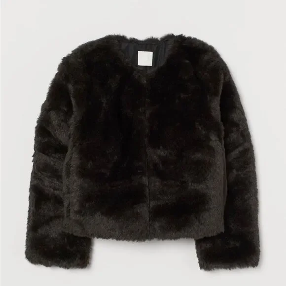 NEW H&M Black Faux Fur Cropped Jacket, Size S - Picture 2 of 6